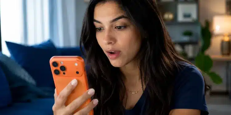 Mulher utilizando iPhone enquanto verifica atualização do sistema iOS 26.6 no celular