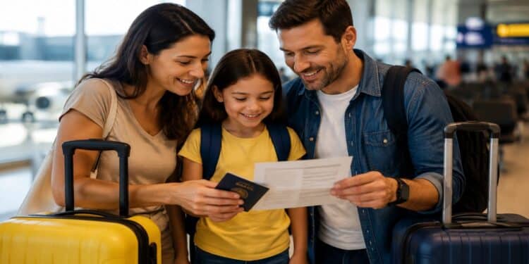 Família com criança, malas e passaporte no aeroporto, ilustrando a autorização de viagem para menores nas férias escolares.