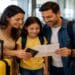 Família com criança, malas e passaporte no aeroporto, ilustrando a autorização de viagem para menores nas férias escolares.