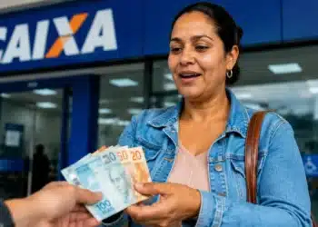 Mulher recebendo notas de reais em frente a uma agência da CAIXA, representando pagamentos de benefícios liberados em julho