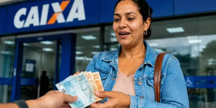 Mulher recebendo notas de reais em frente a uma agência da CAIXA, representando pagamentos de benefícios liberados em julho