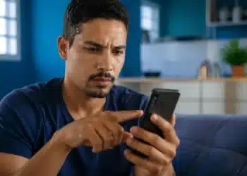 Homem olhando para celular em casa após receber possível chamada suspeita