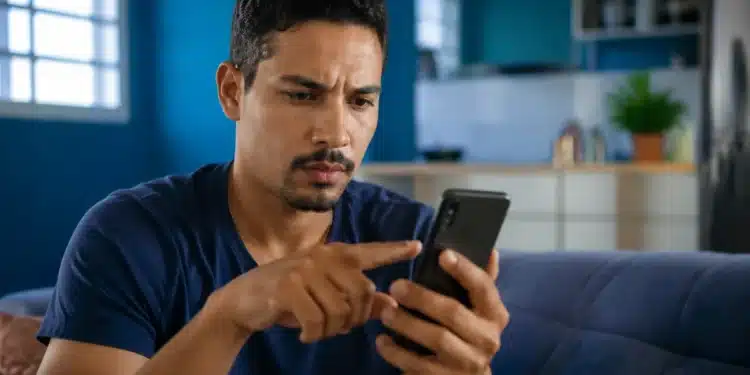 Homem olhando para celular em casa após receber possível chamada suspeita