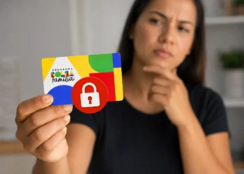 Mulher segura cartão do Bolsa Família com símbolo de bloqueio enquanto demonstra dúvida sobre dívidas no SPC e Serasa.