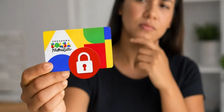Mulher segura cartão do Bolsa Família com símbolo de bloqueio enquanto demonstra dúvida sobre dívidas no SPC e Serasa.