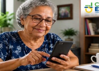 Mulher idosa usa o celular para se inscrever no CadEJA, plataforma do MEC para a Educação de Jovens e Adultos, ao lado do logo do programa.