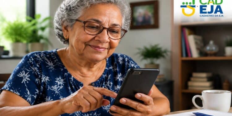 Mulher idosa usa o celular para se inscrever no CadEJA, plataforma do MEC para a Educação de Jovens e Adultos, ao lado do logo do programa.