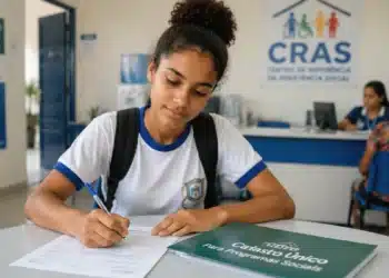 Estudante atualizando os dados do CadÚnico em uma unidade de atendimento social para ter acesso ao Pé-de-Meia.