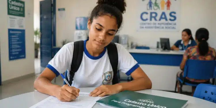 Estudante atualizando os dados do CadÚnico em uma unidade de atendimento social para ter acesso ao Pé-de-Meia.