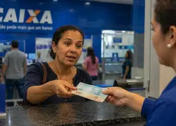 Mulher recebendo cédulas em atendimento na Caixa, representando os depósitos de R$ 300 para 100 mil mulheres em julho.