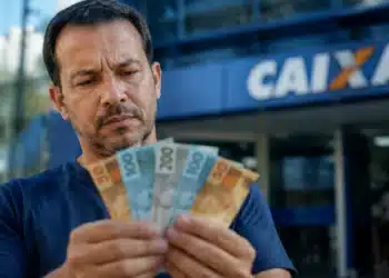Trabalhador segura notas de real em frente à Caixa, representando o cálculo do valor do lucro do FGTS.