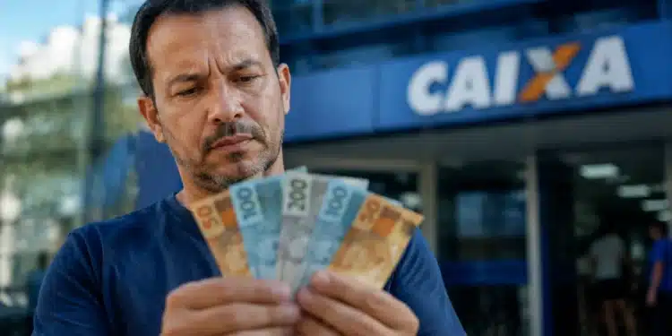 Trabalhador segura notas de real em frente à Caixa, representando o cálculo do valor do lucro do FGTS.