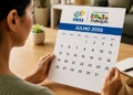 Pessoa segurando calendário de julho de 2026 com logos do INSS e Bolsa Família, representando os pagamentos conforme NIS e número final do benefício.