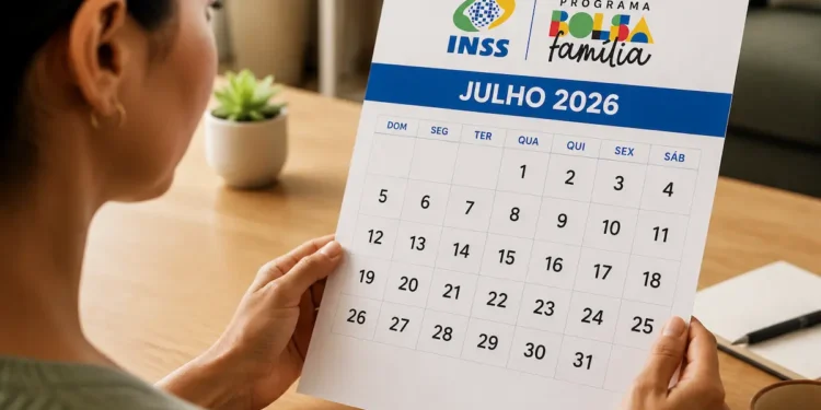 Pessoa segurando calendário de julho de 2026 com logos do INSS e Bolsa Família, representando os pagamentos conforme NIS e número final do benefício.
