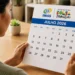 Pessoa segurando calendário de julho de 2026 com logos do INSS e Bolsa Família, representando os pagamentos conforme NIS e número final do benefício.