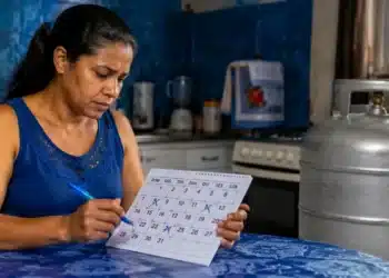 Mulher consultando o calendário do Gás do Povo, representando as datas das próximas recargas gratuitas do benefício em 2026.