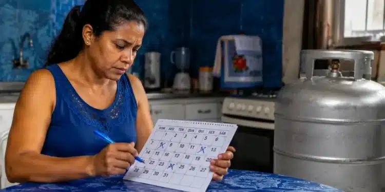 Mulher consultando o calendário do Gás do Povo, representando as datas das próximas recargas gratuitas do benefício em 2026.