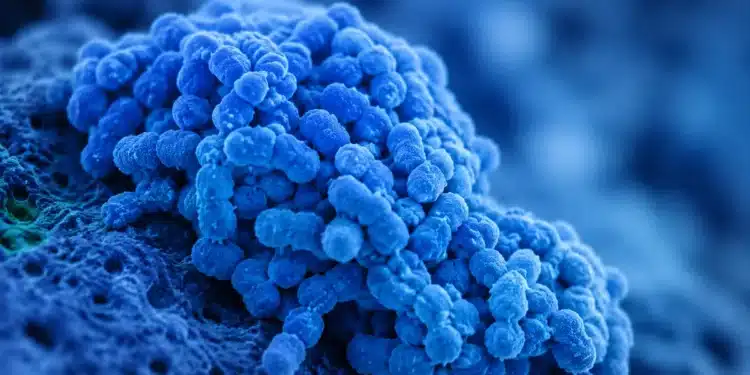 Imagem microscópica de bactérias juntas formando um grupo bacteriano em ambiente de laboratório, representando o coletivo de bactérias.