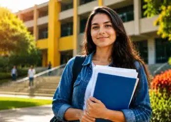 Estudante universitária em frente à faculdade representando o uso conjunto da bolsa parcial do Prouni e do financiamento do Fies.
