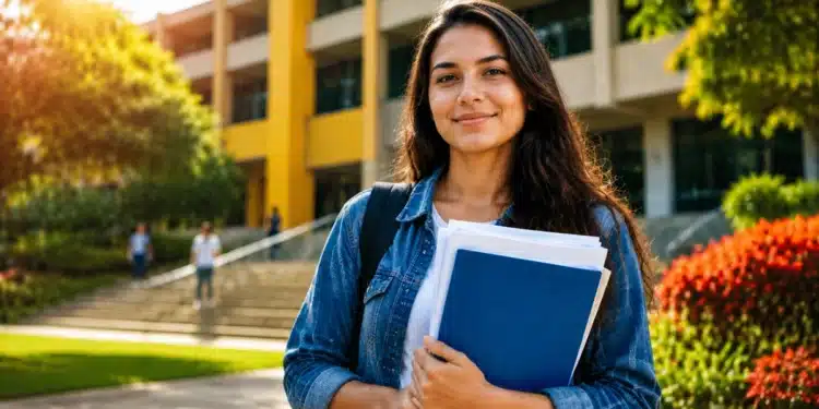 Estudante universitária em frente à faculdade representando o uso conjunto da bolsa parcial do Prouni e do financiamento do Fies.