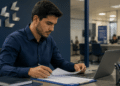 Candidato estudando para concurso do Banco Central em ambiente de escritório com documentos e notebook.