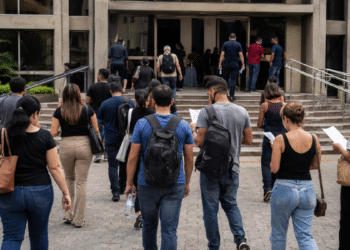 Pessoas se dirigem a prédio público com documentos de concurso em mãos para participar de seleção da Câmara de Jaguariaíva-PR.