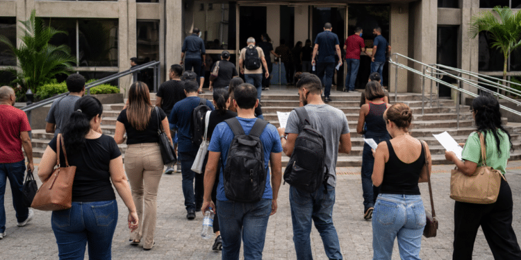 Pessoas se dirigem a prédio público com documentos de concurso em mãos para participar de seleção da Câmara de Jaguariaíva-PR.