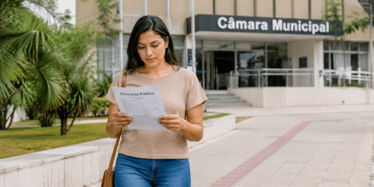 Candidata lê edital de concurso público em frente à Câmara Municipal.