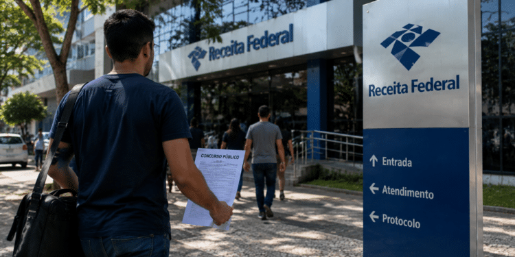 Candidato a concurso público em frente à Receita Federal segurando documento de inscrição ou prova.
