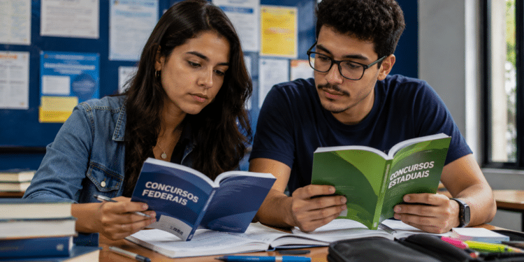 Dois estudantes leem livros identificados como "Concursos Federais" e "Concursos Estaduais" diante de um mural de avisos
