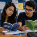 Dois estudantes leem livros identificados como "Concursos Federais" e "Concursos Estaduais" diante de um mural de avisos