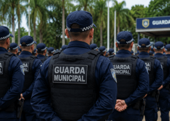 Guardas municipais fardados em formação durante preparação para concurso público.