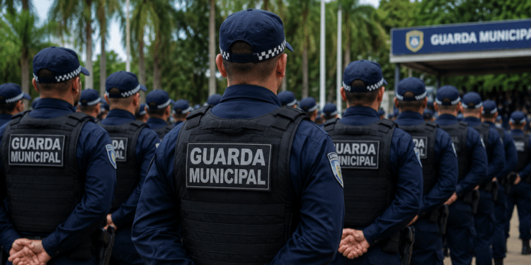 Guardas municipais fardados em formação durante preparação para concurso público.