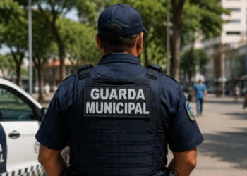 Guarda municipal fardado de costas em área urbana, representando o concurso da Guarda Municipal de Balneário Piçarras (SC).