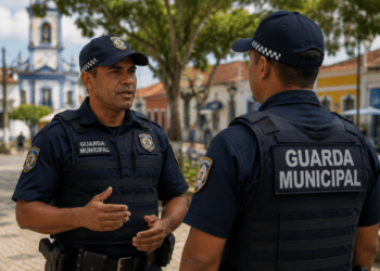 Dois guardas municipais fardados conversam em uma praça de cidade baiana.