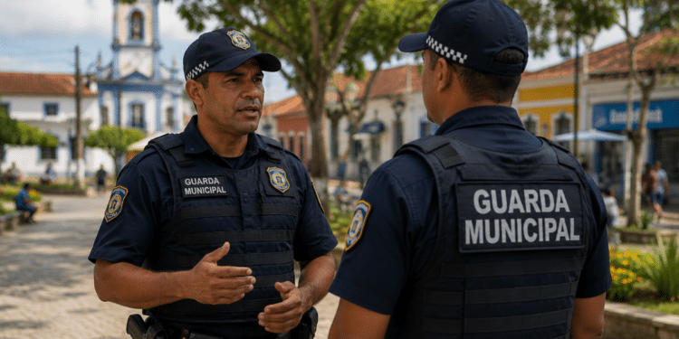 Dois guardas municipais fardados conversam em uma praça de cidade baiana.