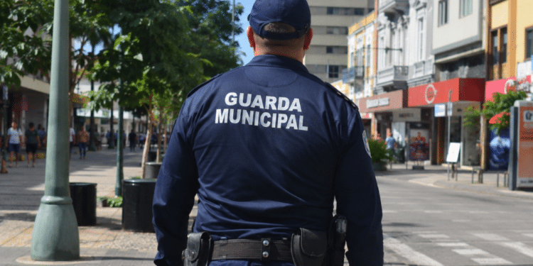 Guarda municipal fardado, visto de costas em área urbana, representando o concurso da Guarda Municipal de Itupeva.