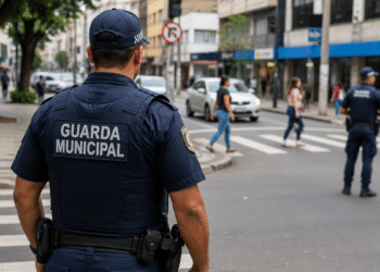 Guarda municipal fardado acompanha o movimento de veículos e pedestres em uma rua da cidade.