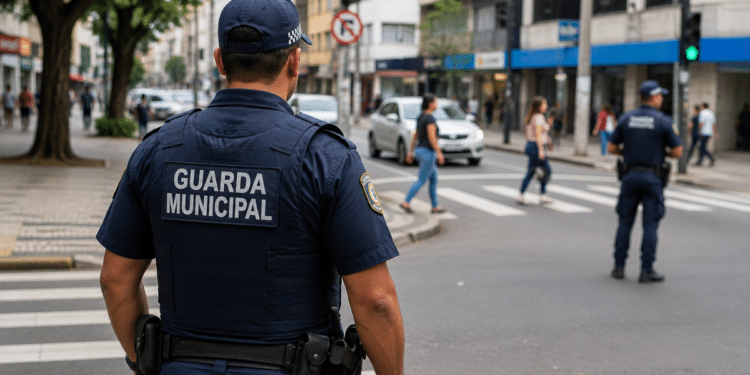 Guarda municipal fardado acompanha o movimento de veículos e pedestres em uma rua da cidade.