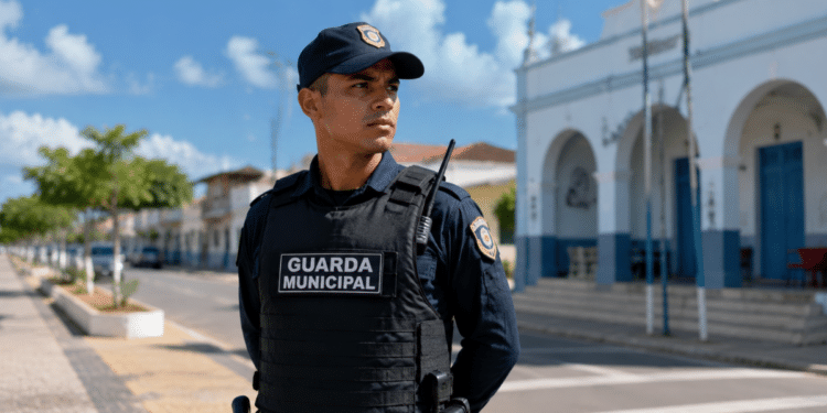 Guarda Municipal fardado em rua de cidade brasileira durante preparação para concurso da Guarda Municipal de Palhano (CE).