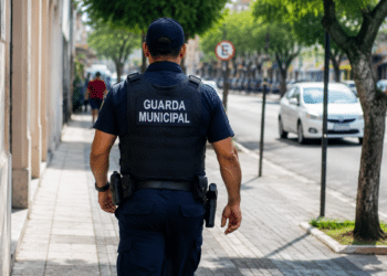 Guarda Municipal de costas caminhando em rua urbana durante patrulhamento.