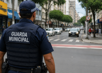Guarda municipal uniformizado observa o trânsito e a movimentação de pedestres em uma rua urbana.
