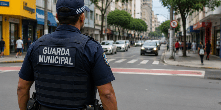 Guarda municipal uniformizado observa o trânsito e a movimentação de pedestres em uma rua urbana.