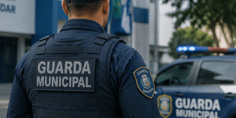 Guarda Municipal fardado de costas em frente a viatura oficial, representando o concurso da Guarda Municipal de Sobral (CE).