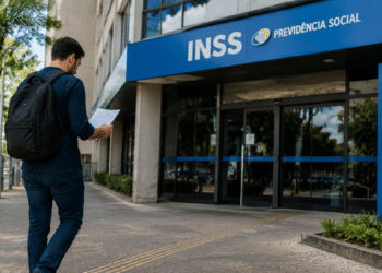 Pessoa caminhando em direção a uma agência do INSS com documentos em mãos, representando a expectativa pelo novo concurso do INSS com 10 mil vagas.
