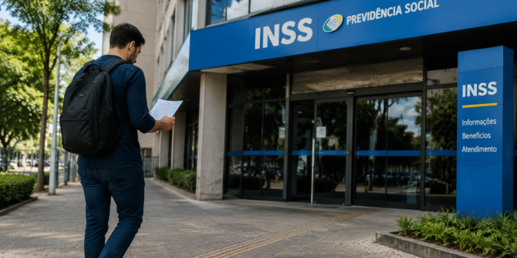 Pessoa caminhando em direção a uma agência do INSS com documentos em mãos, representando a expectativa pelo novo concurso do INSS com 10 mil vagas.