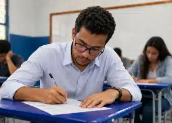 Candidato concentrado preenchendo prova em sala de aula, representando a realização da prova do concurso do Banco do Brasil para o cargo de Escriturário.