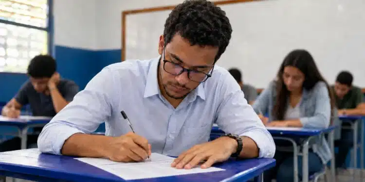 Candidato concentrado preenchendo prova em sala de aula, representando a realização da prova do concurso do Banco do Brasil para o cargo de Escriturário.