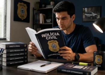 Candidato estudando para o concurso da Polícia Civil da Bahia com livros de Direito e material de preparação sobre as etapas e pontuações do edital.