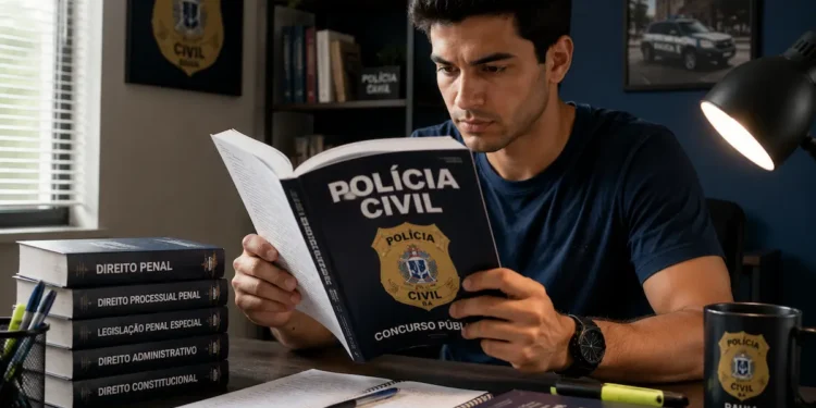 Candidato estudando para o concurso da Polícia Civil da Bahia com livros de Direito e material de preparação sobre as etapas e pontuações do edital.
